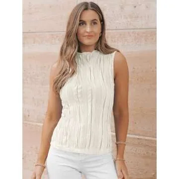 LILLUSORY Women's Mock Neck Business Casual Outfits Dressy Tank Tops Sleeveless Mock Neck Ruched Wor...