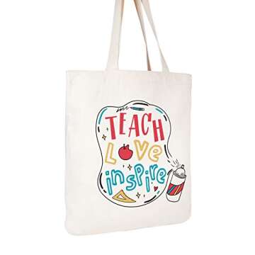 ELEGANTPARK Teach Love Inspire Bag Teacher Gifts for Women Appreciation Week Graduation Birthday Valentines Day Christmas Present Canvas Tote Shoulder Bag with Pocket Cotton