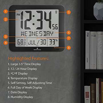 MARATHON Slim Jumbo Atomic Wall Clock, Black - Large Full Calendar Display, Alarm, Indoor Temperature & Humidity, Time in AM/PM or 24-Hour Format, Seven Time Zones