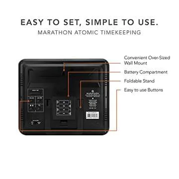 MARATHON Slim Jumbo Atomic Wall Clock, Black - Large Full Calendar Display, Alarm, Indoor Temperature & Humidity, Time in AM/PM or 24-Hour Format, Seven Time Zones