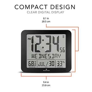 MARATHON Slim Jumbo Atomic Wall Clock, Black - Large Full Calendar Display, Alarm, Indoor Temperature & Humidity, Time in AM/PM or 24-Hour Format, Seven Time Zones
