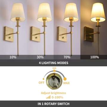 Rizzyluz Dimmable Wall Sconces Set of 2, Gold Bathroom Vanity Lighting Fixtures, Modern Gold Wall Li...
