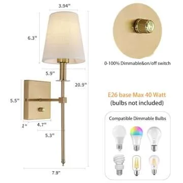 Rizzyluz Dimmable Wall Sconces Set of 2 Elegant Design