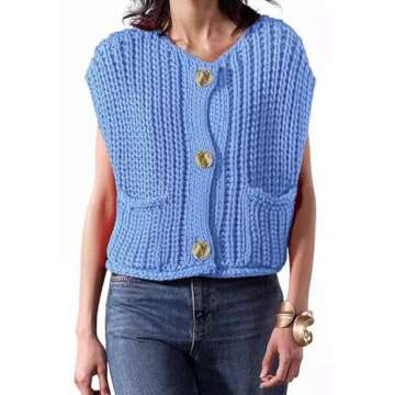 Womens Crop Top Knit Sweater Vest Gold Button Down Crochet Vest Sleeveless Chunky Sweater Cardigan with Pockets
