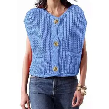 Womens Crop Top Knit Sweater Vest Gold Button Down Crochet Vest Sleeveless Chunky Sweater Cardigan with Pockets