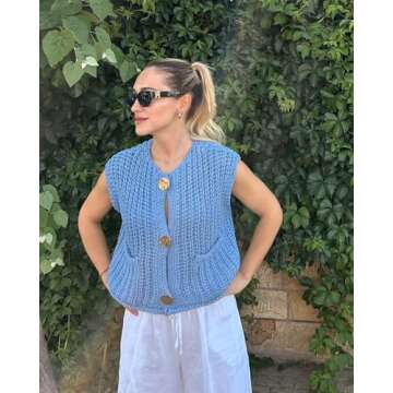 Womens Crop Top Knit Sweater Vest Gold Button Down Crochet Vest Sleeveless Chunky Sweater Cardigan with Pockets