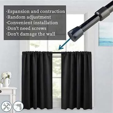 Spring Tension Curtain Rods 28-43 Inch Adjustable Spring Loaded Small Mini Extendable Heavy Duty Black Curtain Tension Rod For Kitchen, Bathroom, Window, Bookshelf,Closet