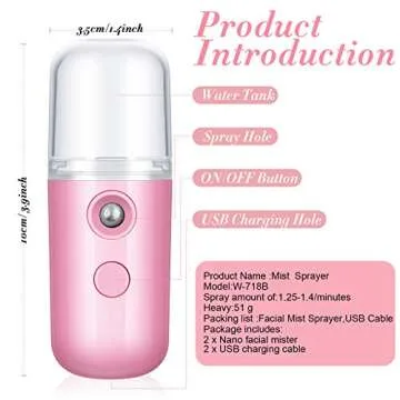 Honoson 2 Pieces Nano Facial Mister 30 ml Mini Face Humidifier Portable Facial Sprayer USB Rechargea...