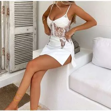 Juakoso Women 2 Piece Lace Patchwork Mini Skirt Sets Outfits Y2k Sleeveless Sheer Mesh Cami Crop Top Bodycon Short Skirt, White-12