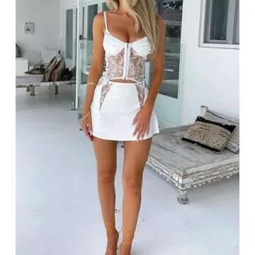 Juakoso Women 2 Piece Lace Patchwork Mini Skirt Sets Outfits Y2k Sleeveless Sheer Mesh Cami Crop Top Bodycon Short Skirt, White-12