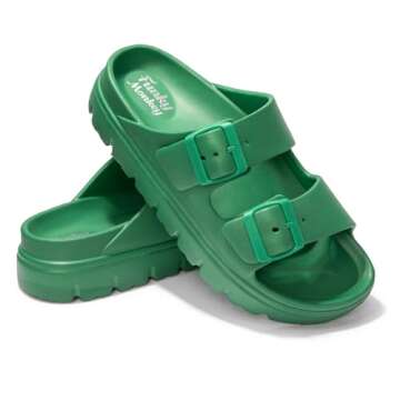 FUNKYMONKEY EVA Slides for Women Thick-sole Adjustable Double Buckle Waterproof Platform Sandals (9 M US, Green/HDSPK)