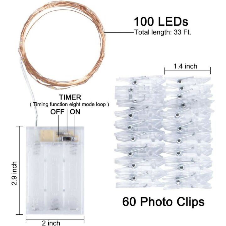 33Ft LED Fairy Lights with Photo Clips for Decor