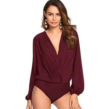 Verdusa Women's Long Sleeve Wrap V-Neck Leotard Blouse Bodysuit Burgundy M