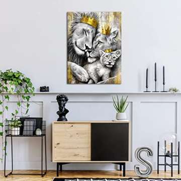 KREATIVE ARTS Royal Lion Kings Family Wall Art Decor Grey and Gold Lion King and Queen Portrait Canvas Print Africa Animal Lion and Lioness Artwork Poster for Home Decor 24x32inch