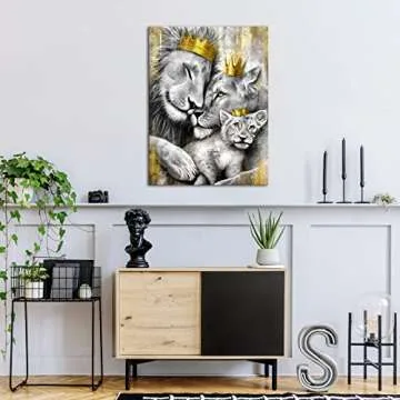KREATIVE ARTS Royal Lion Kings Family Wall Art Decor Grey and Gold Lion King and Queen Portrait Canvas Print Africa Animal Lion and Lioness Artwork Poster for Home Decor 24x32inch