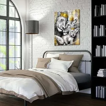 KREATIVE ARTS Royal Lion Kings Family Wall Art Decor Grey and Gold Lion King and Queen Portrait Canvas Print Africa Animal Lion and Lioness Artwork Poster for Home Decor 24x32inch