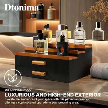 Wooden Cologne Stand Organizer: 3 Tier Perfume Stand with 2 Drawer, Holder with Hidden Compartment, Accessories Organization, Storage Display Risers, Great Gift for Man