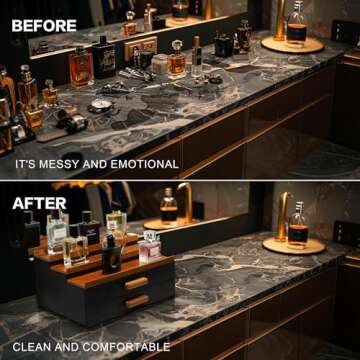 Wooden Cologne Stand Organizer: 3 Tier Perfume Stand with 2 Drawer, Holder with Hidden Compartment, Accessories Organization, Storage Display Risers, Great Gift for Man