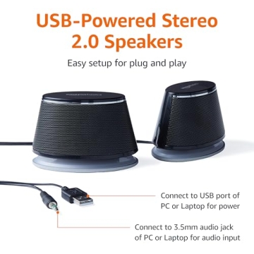 Amazon Basics Stereo 2.0 Speakers for PC or Laptop, 3.5mm Aux input, USB-Powered, 1 Pair, Black