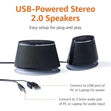 Amazon Basics Stereo 2.0 Speakers for PC or Laptop, 3.5mm Aux input, USB-Powered, 1 Pair, Black