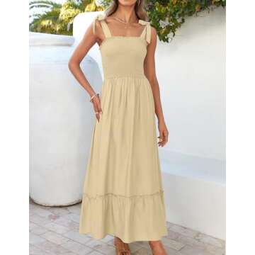 ZESICA Women's 2025 Summer Boho Spaghetti Strap Square Neck Solid Color Ruffle A Line Beach Long Maxi Dress,LightYellow,Large