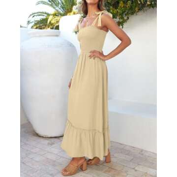 ZESICA Women's 2025 Summer Boho Spaghetti Strap Square Neck Solid Color Ruffle A Line Beach Long Maxi Dress,LightYellow,Large