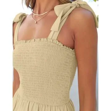 ZESICA Women's 2025 Summer Boho Spaghetti Strap Square Neck Solid Color Ruffle A Line Beach Long Maxi Dress,LightYellow,Large