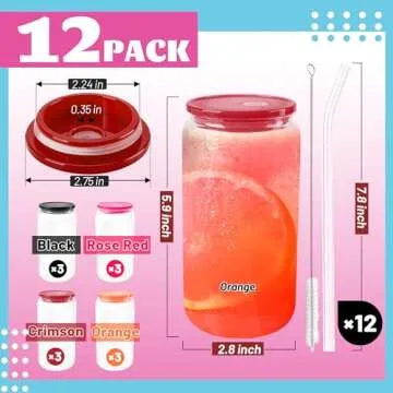 Joyclub 12pcs Glass Cups with Acrylic Lids and Straws 16 oz Can Shaped Glass Iced Coffee Cups with Lids and Straws, Cute Tumbler Cup Drinking Glasses for Smoothie Whiskey Boba Soda Tea Gift