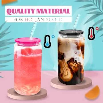 Joyclub 12pcs Glass Cups with Acrylic Lids and Straws 16 oz Can Shaped Glass Iced Coffee Cups with Lids and Straws, Cute Tumbler Cup Drinking Glasses for Smoothie Whiskey Boba Soda Tea Gift