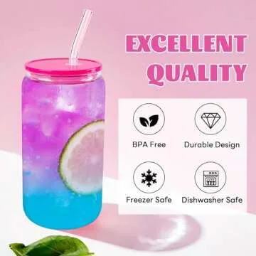 Joyclub 12pcs Glass Cups with Acrylic Lids and Straws 16 oz Can Shaped Glass Iced Coffee Cups with Lids and Straws, Cute Tumbler Cup Drinking Glasses for Smoothie Whiskey Boba Soda Tea Gift