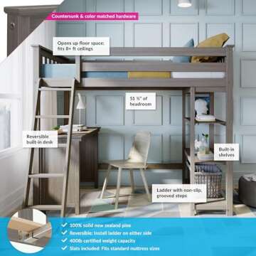 Max & Lily High Loft Bed, Twin Bed Frame for Kids With Bookcase and Desk, Clay