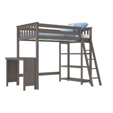 Max & Lily High Loft Bed, Twin Bed Frame for Kids With Bookcase and Desk, Clay