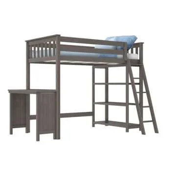 Max & Lily High Loft Bed, Twin Bed Frame for Kids With Bookcase and Desk, Clay