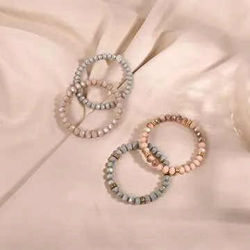 CONRAN KREMIX Crystal Beaded Bracelets For Women Stackable Set Layer Vinyl Disc Beaded Stretch Bracelet Beach Surfer Bracelets