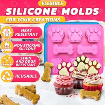 Paw and Bone Candy Molds Silicone - 2Pcs Dog Treat Molds for Chocolate Candy Silicone Molds for Baking Puppy Ice Cube Shapes - Blue and Pink Dog Bone Cake Pan Paw Molds for Dog Treats Silicon Mold
