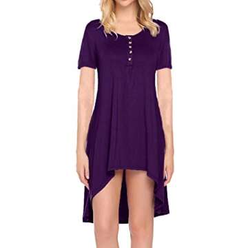 Naggoo Women's Short Sleeve Button V Neck High Low Loose Fit Casual Long Tunic Tops Tee Shirts S-3XL (XX-Large, Deep Purple)