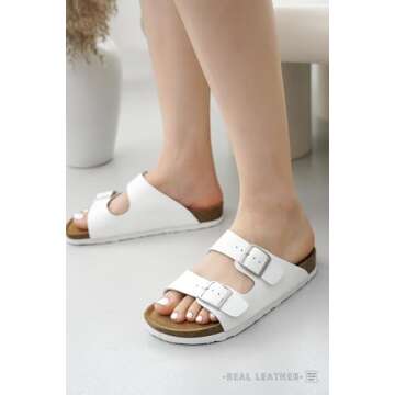 Project Cloud Genuine Leather Flat Sandals Beach Essentials Womens Sandals Memory Foam Vacation Essentials Slides for Women Footwear (Venita, White, 6.5)