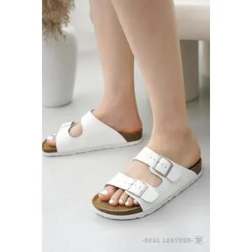 Project Cloud Genuine Leather Flat Sandals Beach Essentials Womens Sandals Memory Foam Vacation Essentials Slides for Women Footwear (Venita, White, 6.5)