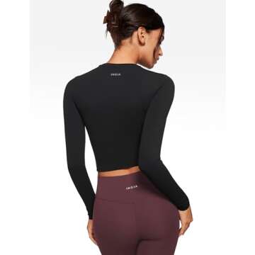INGIA Womens Long Sleeve High Round Neck Crop Yoga Shirts Workout Slim Fit Casual Yoga Gym Tops Blac...