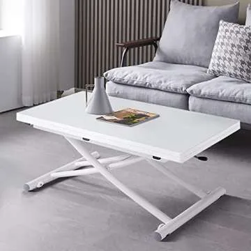 MYSELFLY Living Room Dinning Tables Folding Metal Lift Bracket Multifunction Transform Dinner Kitchen Coffee Tea End Table in Home Wood Desktop Design 40x35 White