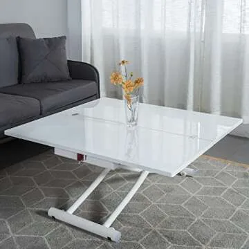 MYSELFLY Living Room Dinning Tables Folding Metal Lift Bracket Multifunction Transform Dinner Kitchen Coffee Tea End Table in Home Wood Desktop Design 40x35 White