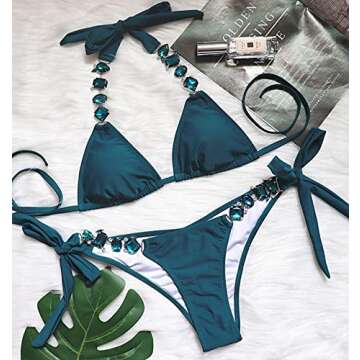 BIKINX Women's Sexy Thong Bikini Crystal Side Bottom Triangle Bikini Halter Swimsuits Peacock Blue