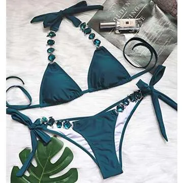 BIKINX Women's Sexy Thong Bikini Crystal Side Bottom Triangle Bikini Halter Swimsuits Peacock Blue
