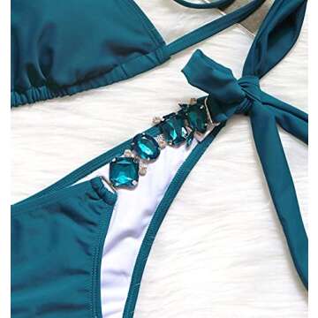 BIKINX Women's Sexy Thong Bikini Crystal Side Bottom Triangle Bikini Halter Swimsuits Peacock Blue