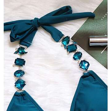 BIKINX Women's Sexy Thong Bikini Crystal Side Bottom Triangle Bikini Halter Swimsuits Peacock Blue