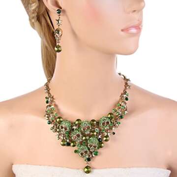 EVER FAITH Women's Crystal Gothic Skulls Stars Necklace Earrings Set Green Antique Gold-Tone