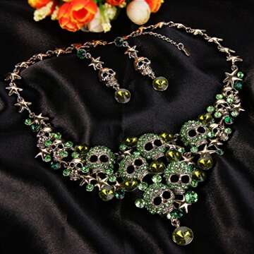 EVER FAITH Women's Crystal Gothic Skulls Stars Necklace Earrings Set Green Antique Gold-Tone