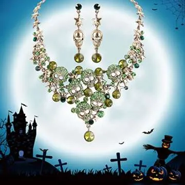 EVER FAITH Women's Crystal Gothic Skulls Stars Necklace Earrings Set Green Antique Gold-Tone