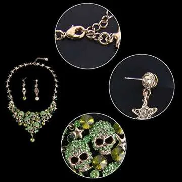 EVER FAITH Women's Crystal Gothic Skulls Stars Necklace Earrings Set Green Antique Gold-Tone