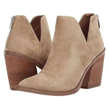 FISACE Womens Pointed Toe Stacked Mid Heel Ankle Boots V Cut Back Zipper Faux Leather Booties